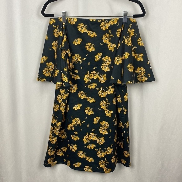 Oak + Fort Navy Blue Yellow Floral Off Shoulder Bell Short Sleeve Dress - Size M - Picture 9 of 10